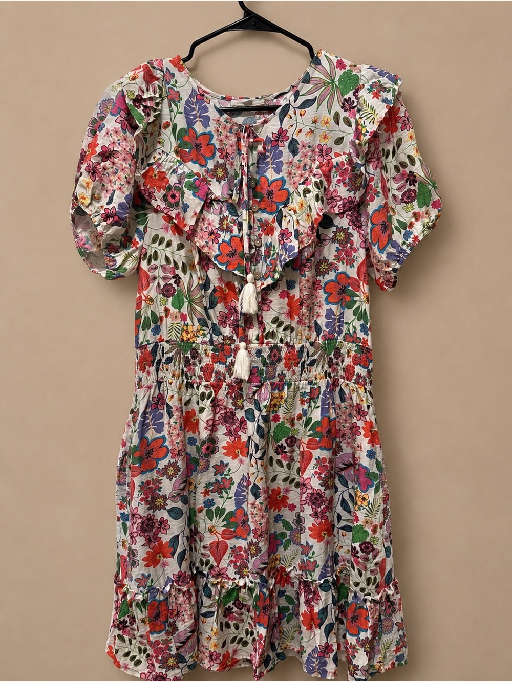 easel Floral Ruffle Tassel Dress - Red, Purple, Green, Blue